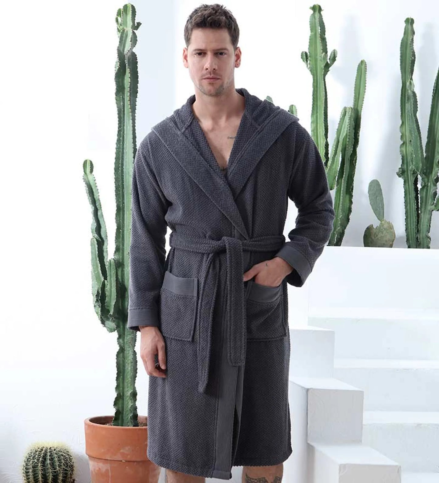 Leftioo Men’s Luxury Turkish Cotton Hooded Terry Bathrobe