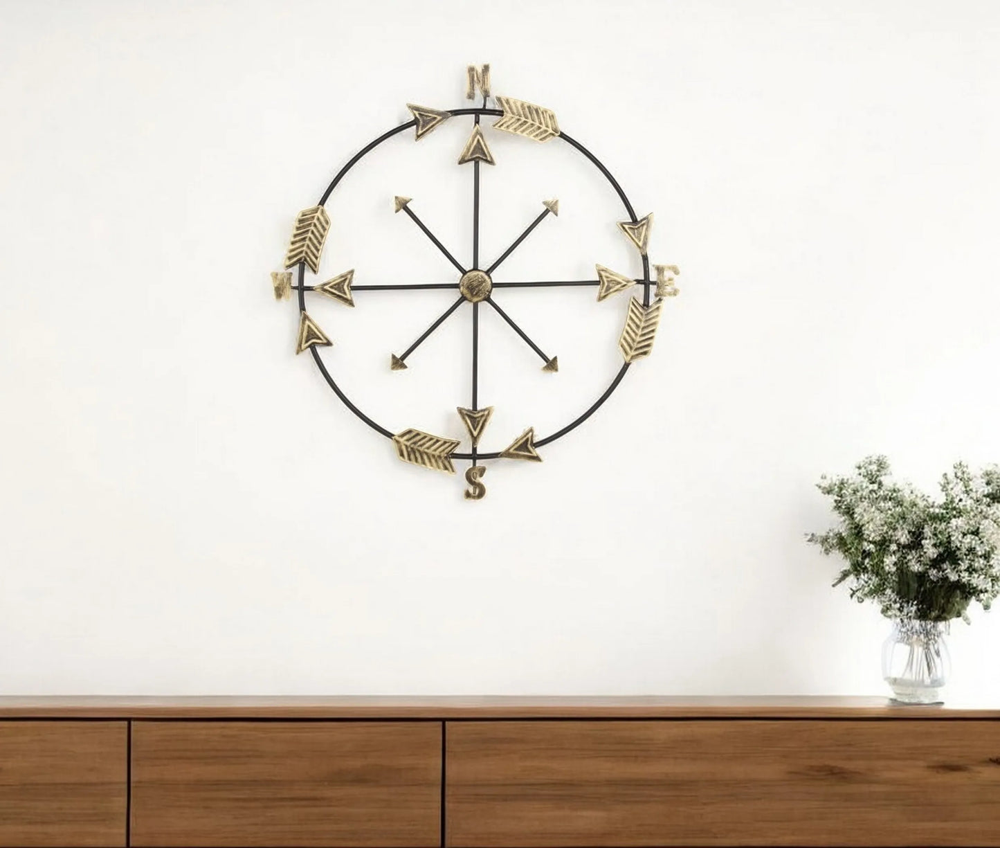 Leftioo 26" x 25" Compass Wall Decor – Distressed Brass and Black Metal, Industrial Nautical Art