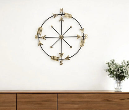 Leftioo 26" x 25" Compass Wall Decor – Distressed Brass and Black Metal, Industrial Nautical Art