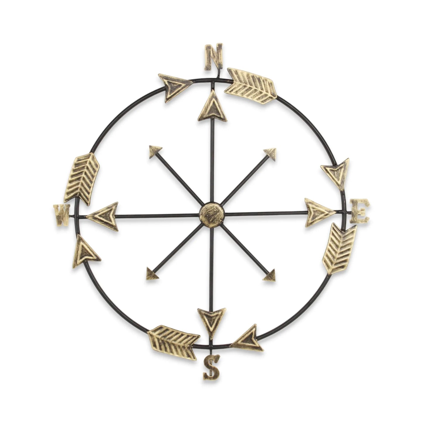 Leftioo 26" x 25" Compass Wall Decor – Distressed Brass and Black Metal, Industrial Nautical Art
