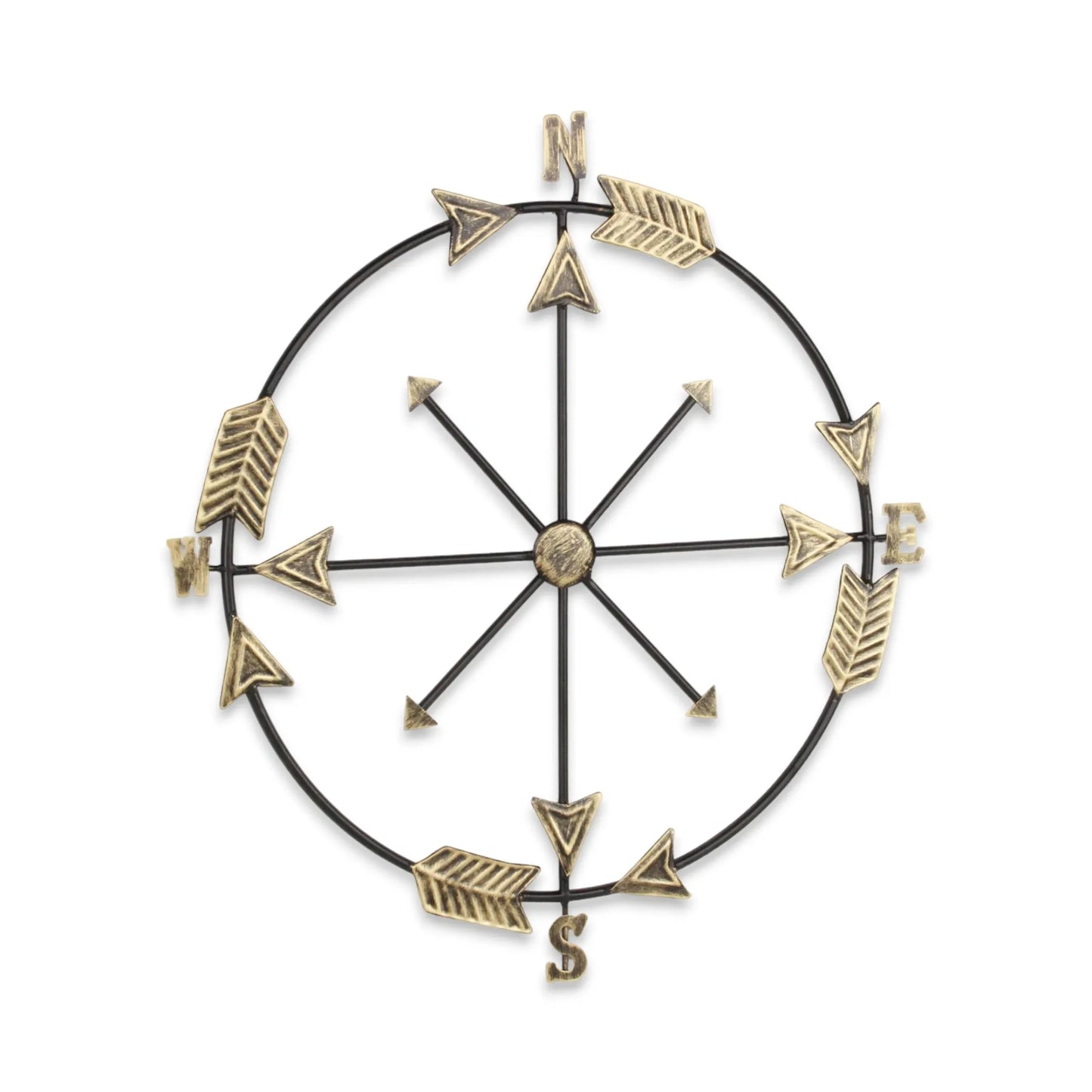 Leftioo 26" x 25" Compass Wall Decor – Distressed Brass and Black Metal, Industrial Nautical Art
