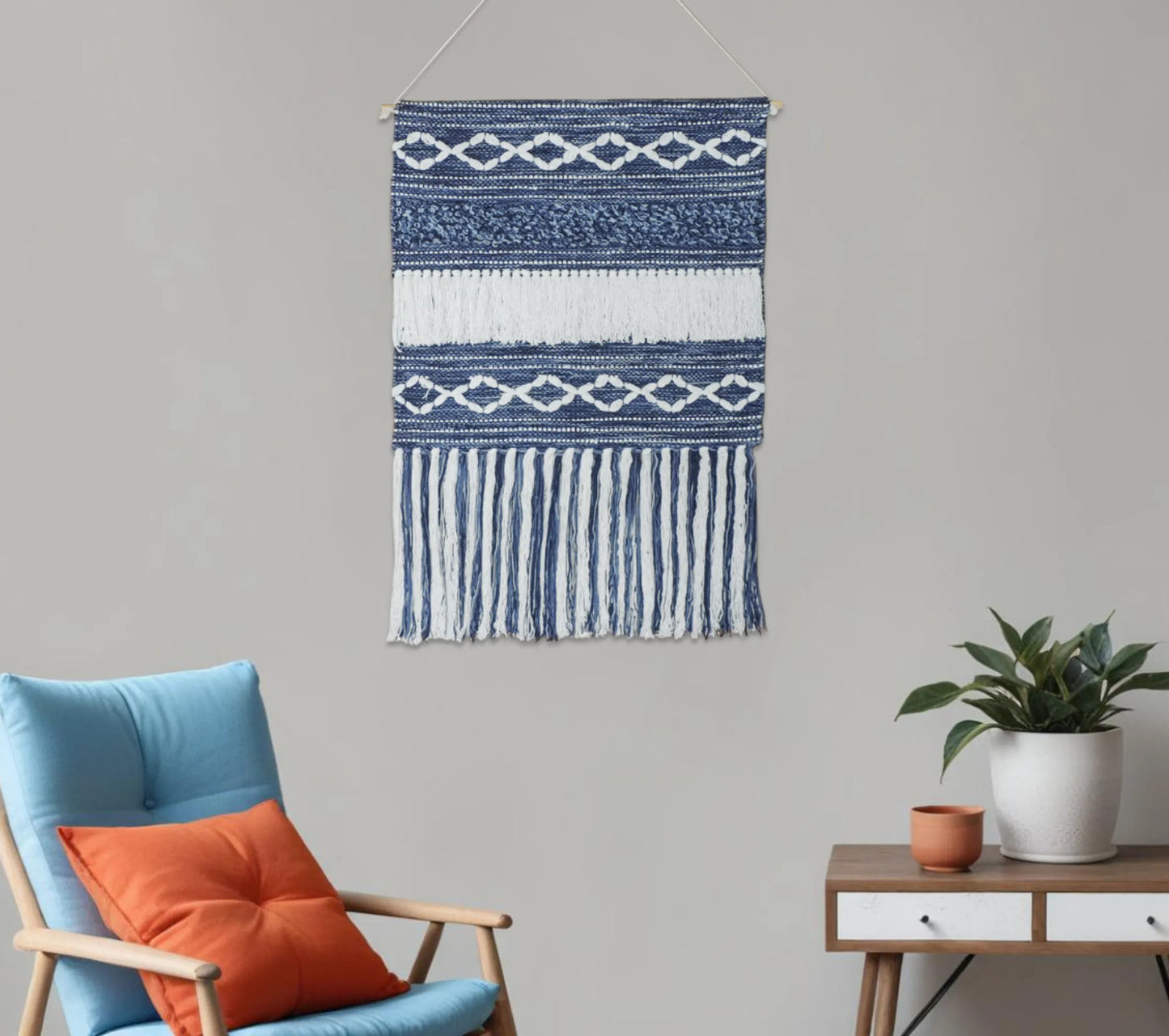 Leftioo 26" x 51" Geometric Macrame Wall Hanging – Denim Blue & White Cotton Tapestry
