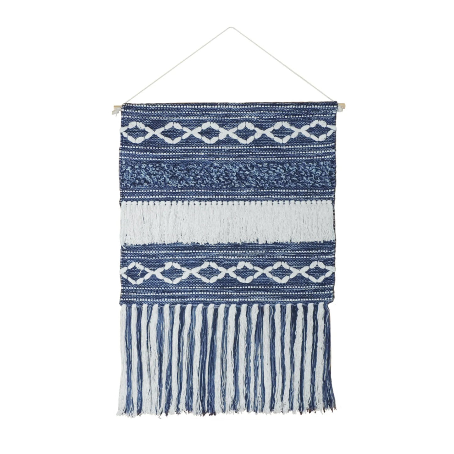 Leftioo 26" x 51" Geometric Macrame Wall Hanging – Denim Blue & White Cotton Tapestry